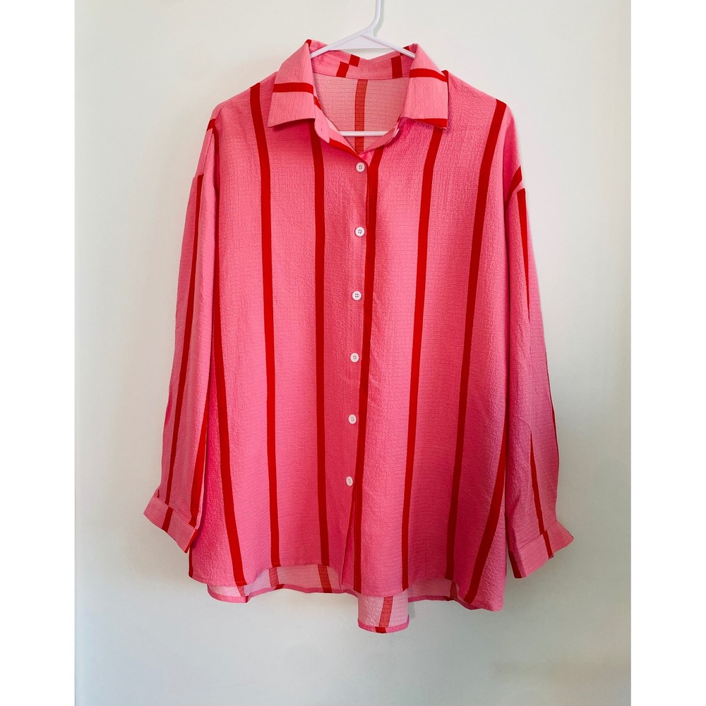 Women's Striped Button-Down Shirt Small Pink Red NEW Oversized Crepe Top relaxed